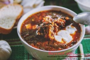 вкусный зеленый борщ в тарелке