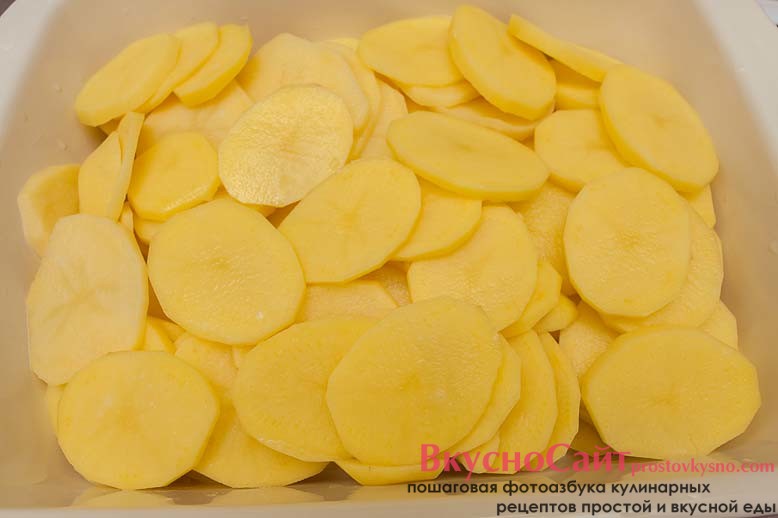 очищенный картофель нарезаю кружочками средней толщины и укладываю его в форму для запекания