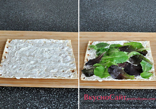 лаваш немного смазываю майонезом. Посыпаю итальянской приправой и листьями салаты.