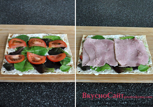 вымытый помидор нарезаю и помещаю ломтики помидора поверх салата, а затем ломтики ветчины