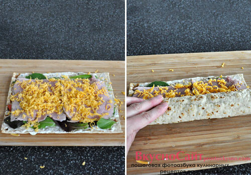 сверху посыпаю натертым сыром и сворачиваю лаваш в рулет