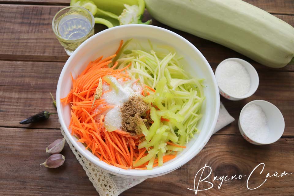 добавляю чеснок, сахар, соль, вливаю уксус, смесь специй для корейской морковки и отправляю в миску к овощам кипящее масло