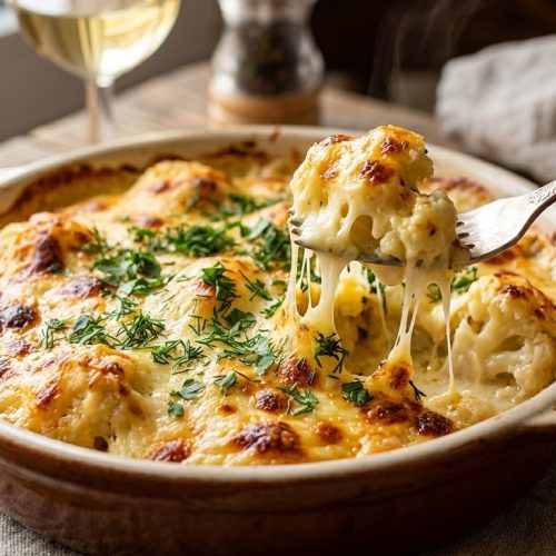 Запеканка с цветной капустой и сыром в тарелке