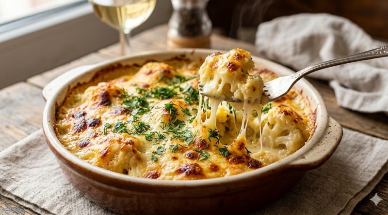 Запеканка с цветной капустой и сыром в тарелке